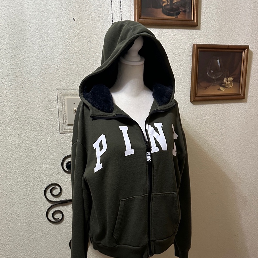 EUC Victoria's Secret Pink Dark Green Hoodie with White Letters - Picture 5 of 6